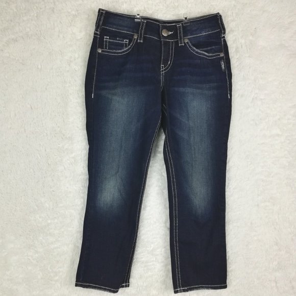 Silver Jeans Womens Suki Mid Capri Blue Denim Dark Wash Whiskering Stretch‎ 28 - Picture 1 of 13